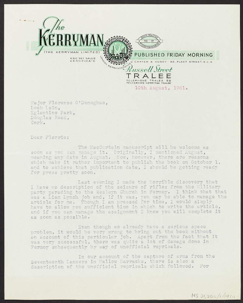 Letter from Dan Nolan, 'Kerryman', to Florence O'Donoghue requesting O'Donoghue write an article regarding the seizure of rifles from Fermoy, Co. Cork, for the new edition of 'Rebel Cork's Fighting Story',