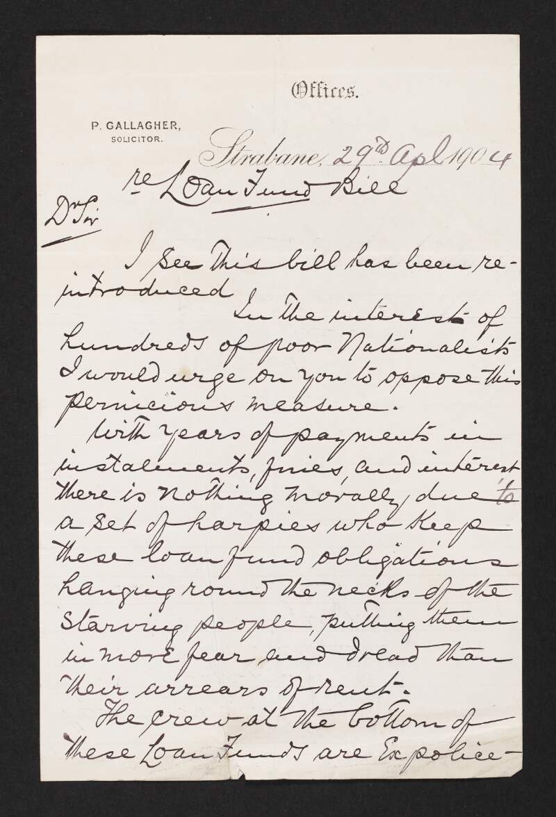 Letter from unidentified person to John Redmond urging him to oppose the Loan Fund Bill,