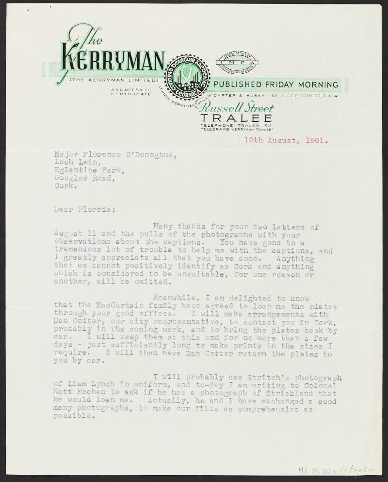 Letter from Dan Nolan, 'Kerryman', to Florence O'Donoghue regarding photographs and Piaras Béaslaí's article for the new edition of 'Rebel Cork's Fighting Story',