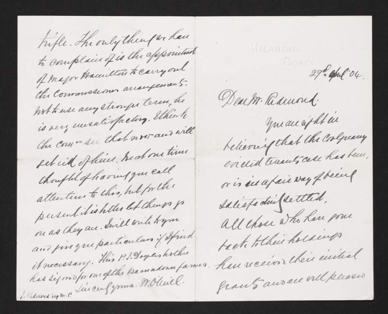 Letter from unidentified person to John Redmond regarding the evicted tenants in Coolgreany, Co. Wexford,