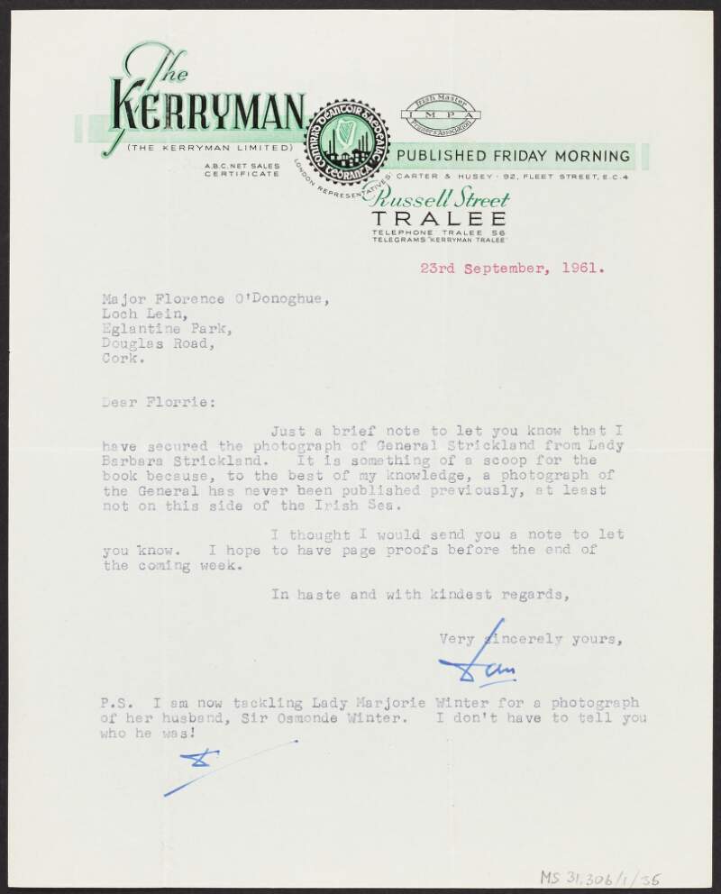 Letter from Dan Nolan, 'Kerryman', to Florence O'Donoghue regarding securing a photograph of General Edward Peter Strickland for the new edition of 'Rebel Cork's Fighting Story',