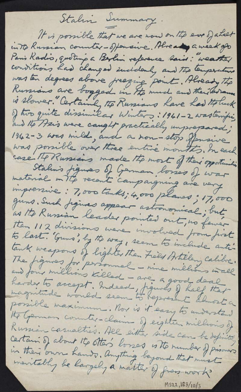 Notes by J.J. O'Connell titled "Stalin Summary" regarding estimated Russian and German losses during the Second World War,