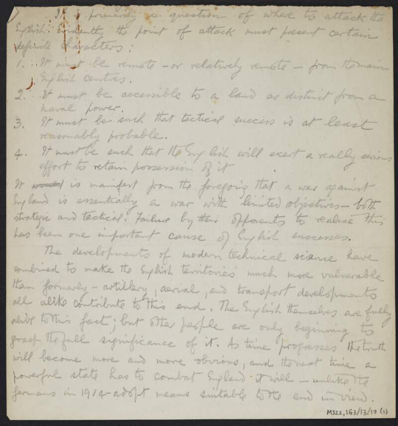 Notes by J.J. O'Connell regarding strategies to defeat England by taking hold of its territories overseas,