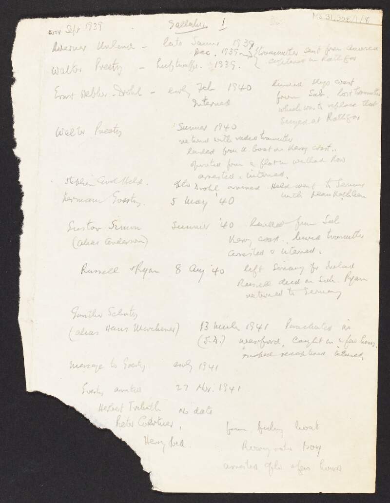 Notes by Florence O'Donoghue regarding Joseph Gallagher's research into Irish collaboration with Germany during the Second World War,