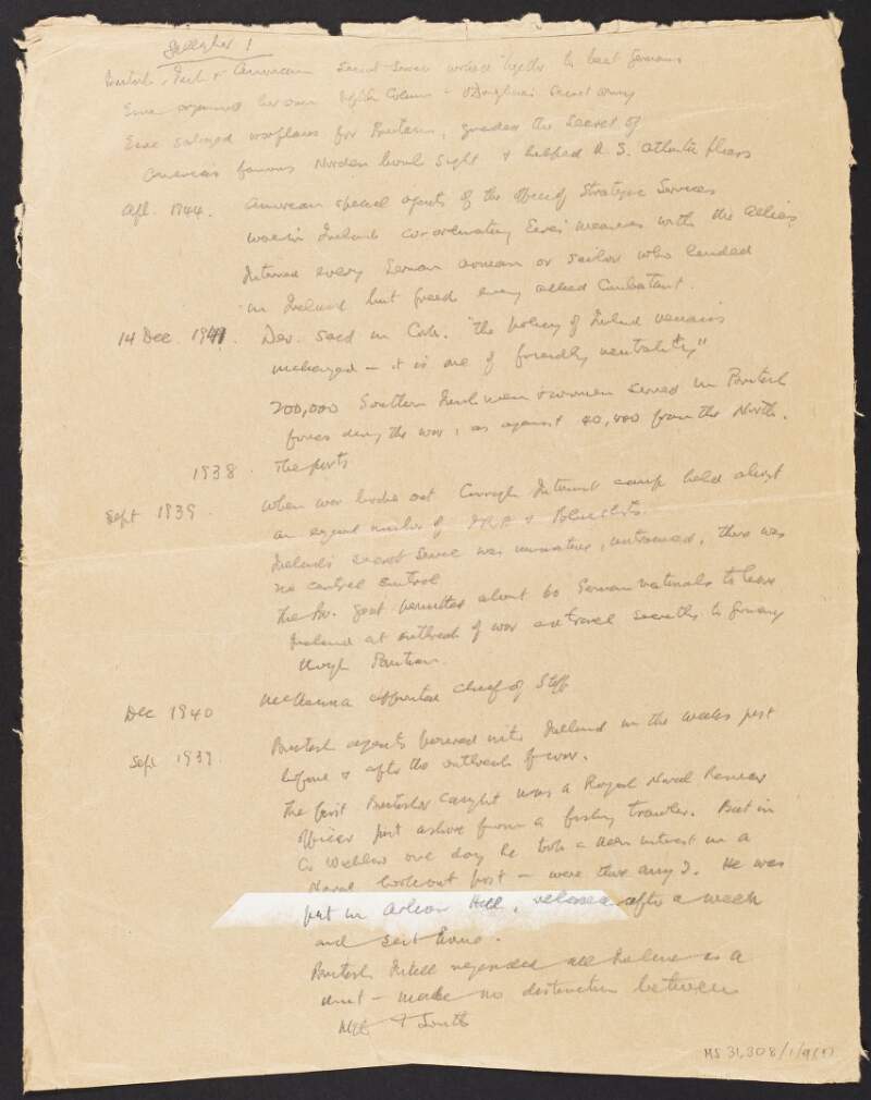 Notes by Florence O'Donoghue regarding Joseph Gallagher's research into Irish collaboration with Germany during the Second World War,