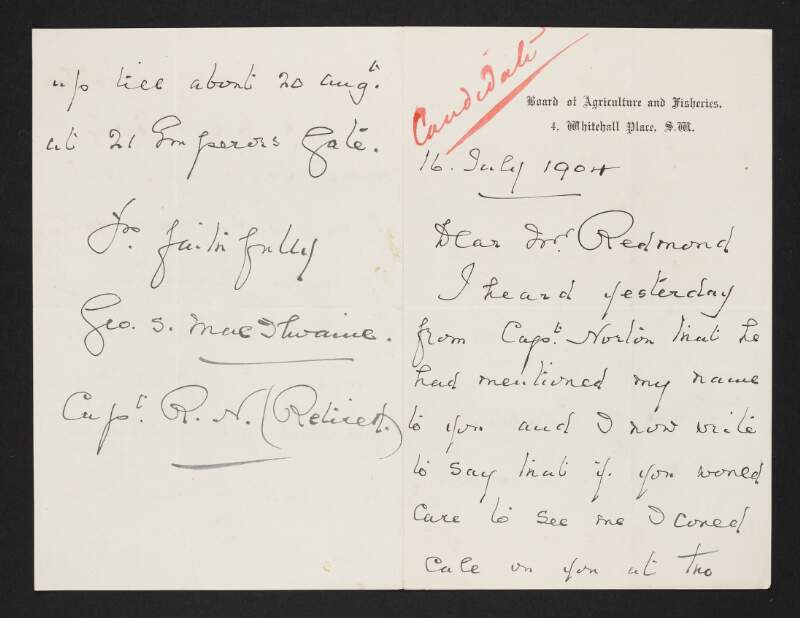Letter from unidentified person to John Redmond regarding his ambitions to join the Irish Parliamentary Party in the House of Commons,