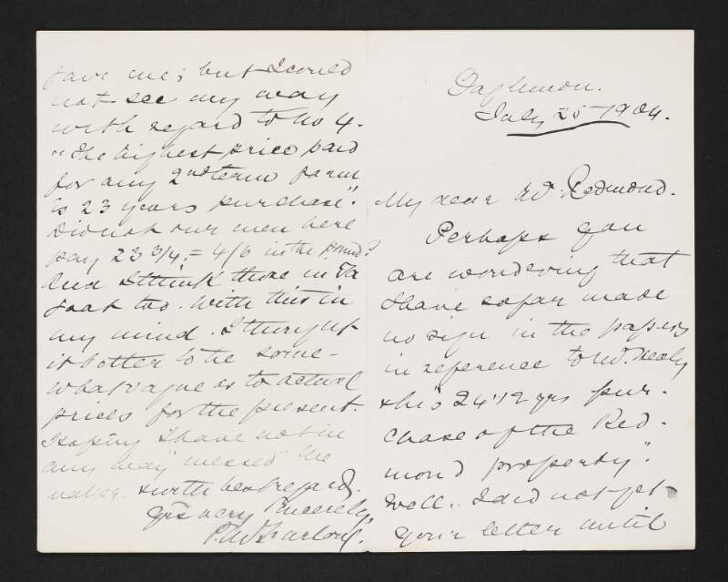 Letter from Patrick M. Furlong to John Redmond regarding his response to lies told by [Timothy] Healy regarding the sale of Redmond's property,