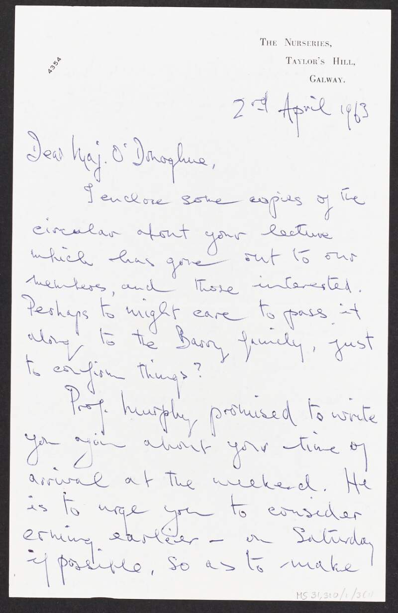 Letter from Joseph O'Halloran, Galway Literary Festival, to Florence O'Donoghue regarding a circular on O'Donoghue's lecture "The Literary Background of Irish Independence",