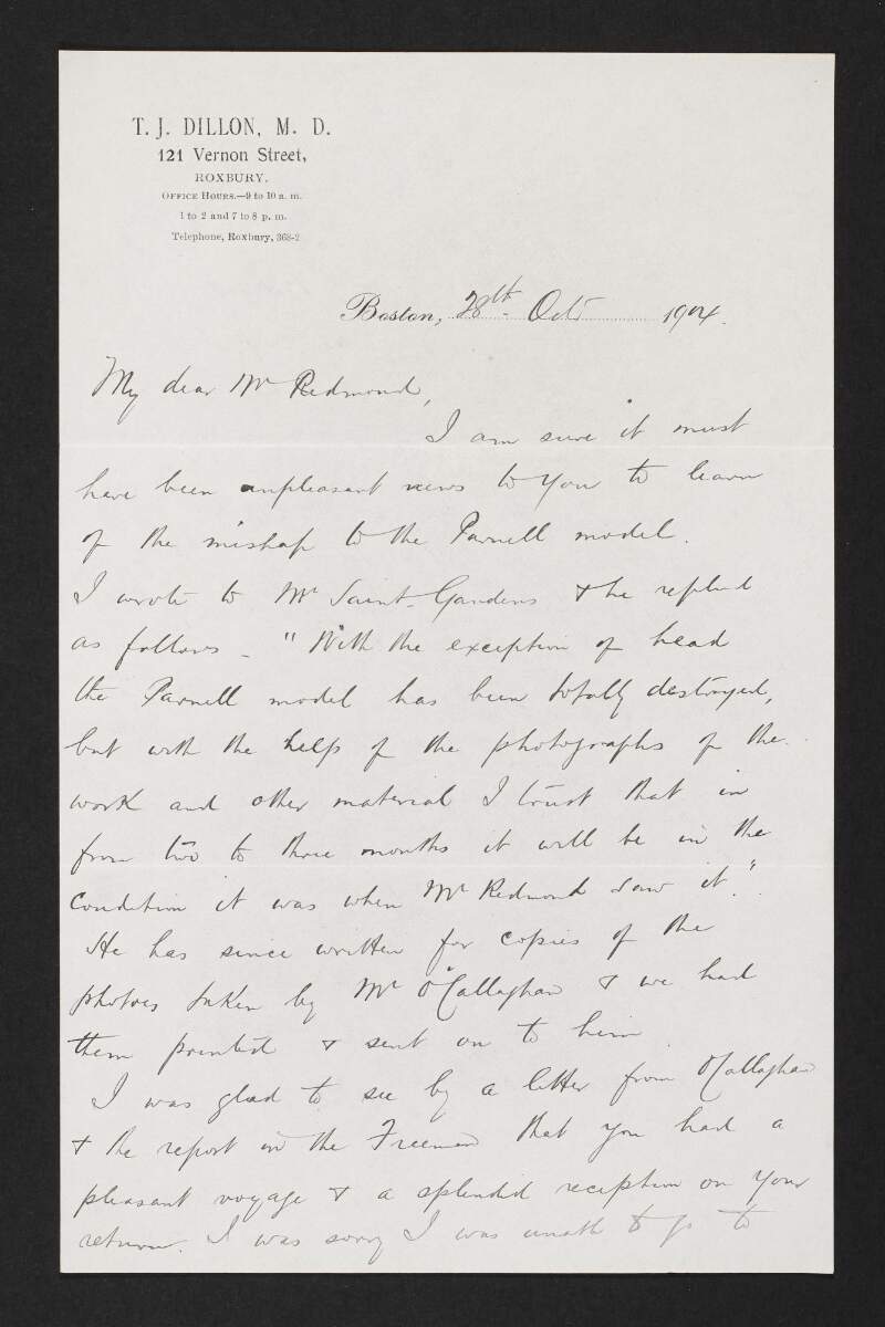 Letter from unidentified person to John Redmond regarding the destruction of the Parnell statue in Augustus Saint-Gaudens' studio,