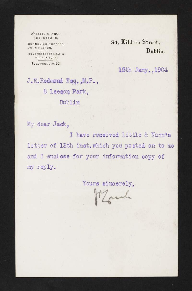 Letter from John P. Lynch, O'Keeffe & Lynch Solicitors, to John Redmond enclosing a copy letter to Little & Nunn regarding the sale of John Redmond's estate,