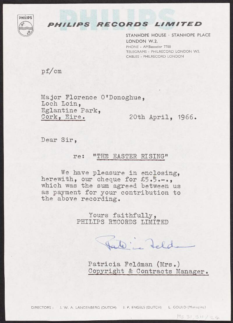 Letter from Patricia Feldman, Philips Records Limited, to Florence O'Donoghue providing payment for the recording of O'Donoghue's contribution to 'The Easter Rising of 1916',