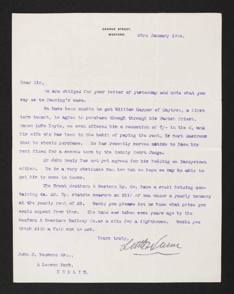 Letter from Little & Nunn to John Redmond regarding estate purchases,