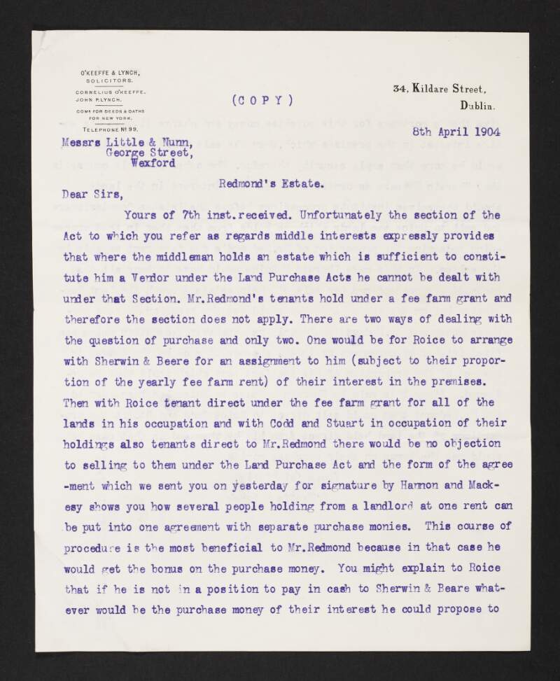 Copy letter from O'Keeffe & Lynch to Little & Nunn regarding tenant sales on the Redmond's estate,