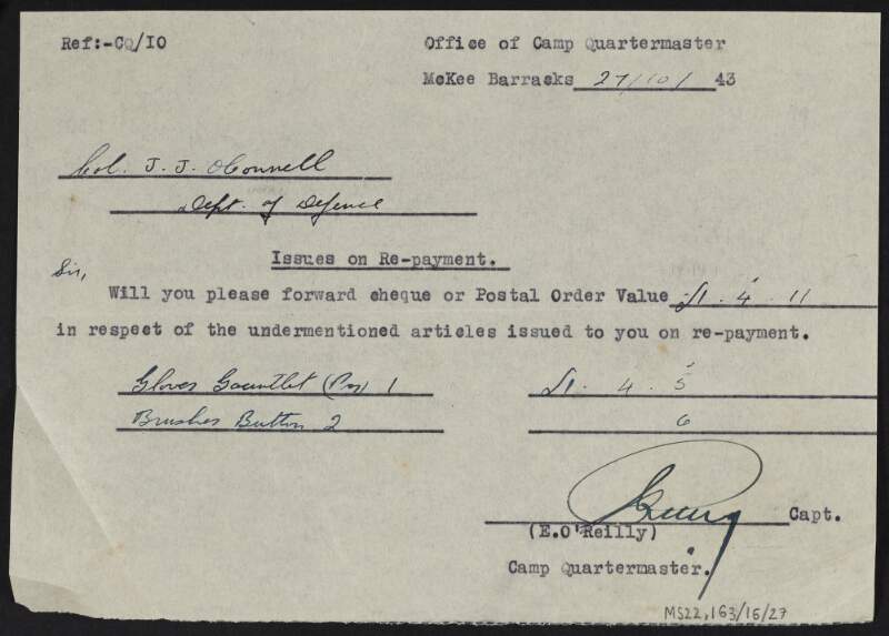 Invoice from the Office of Camp Quartermaster, McKee Barracks to J.J. O'Connell regarding issues on a re-payment,