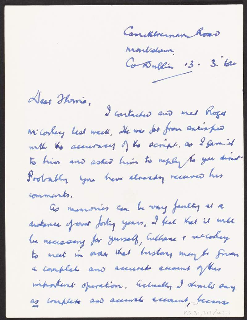 Letter from Seamus McGoran to Florence O'Donoghue regarding Roger Mac Corley's opinion of O'Donoghue's account of the death of District Inspector Oswald Ross Swanzy, Royal Irish Constabulary,