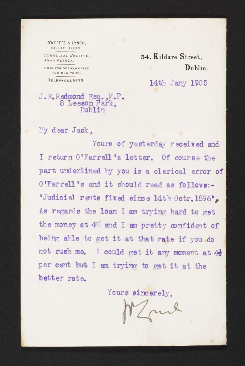 Letter from John P. Lynch, O'Keeffe & Lynch Solicitors, to John Redmond noting a clerical error and regarding the arrangement of a loan,