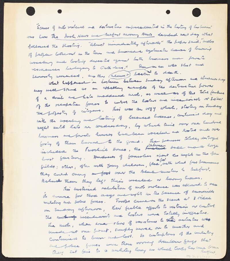 Draft account by Florence O'Donoghue of newspaper account of reprisals in Lisburn following the death of District Inspector, Oswald Ross Swanzy, Royal Irish Constabulary,