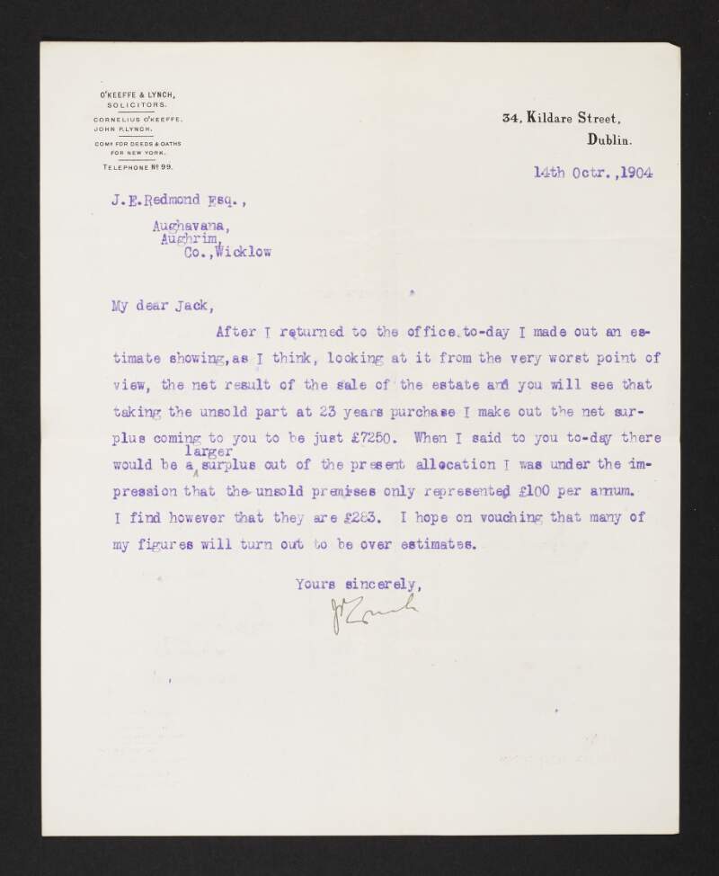 Letter from John P. Lynch, O'Keeffe & Lynch Solicitors, to John Redmond regarding the net result of the sale of the Redmond estate,