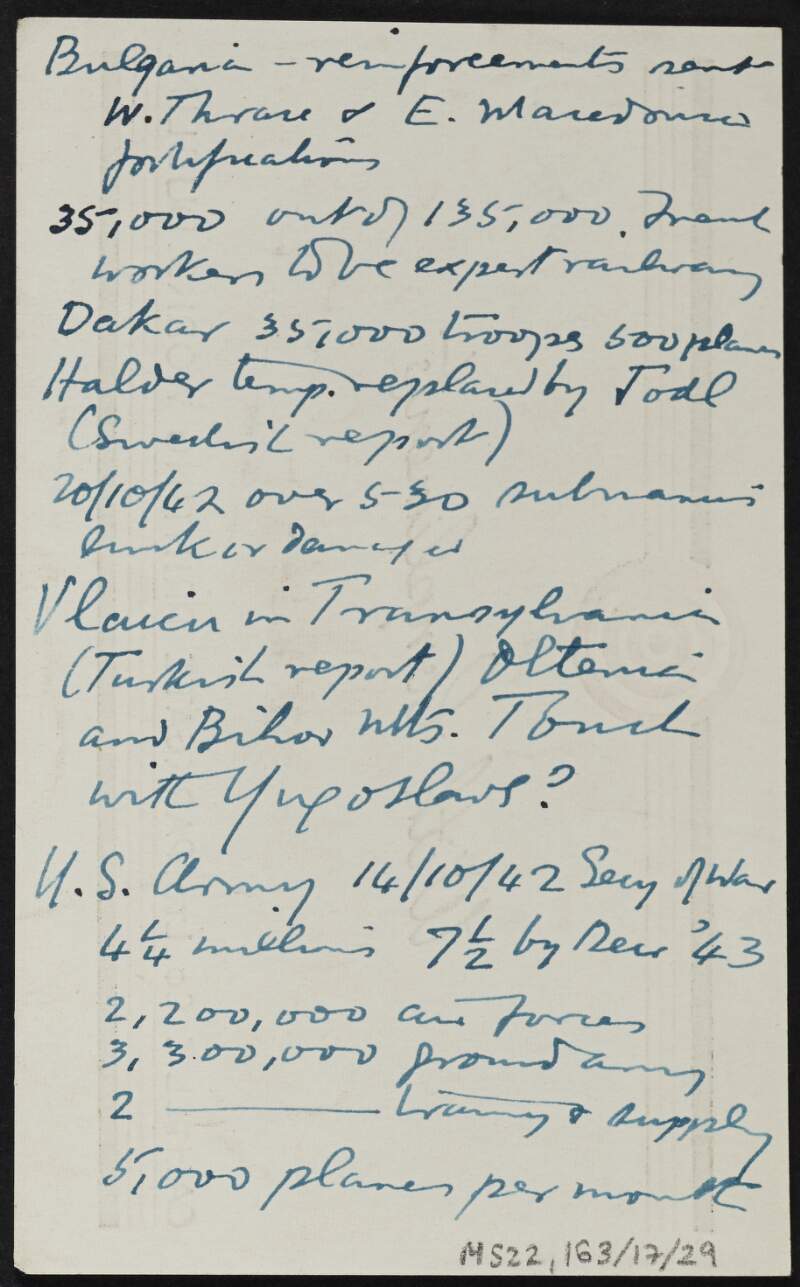 Note by J.J. O'Connell regarding conflict in eastern Europe in October 1942 during the Second World War,