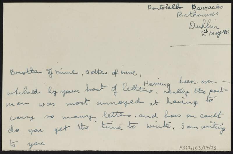 Partial letter from unidentifed author to J.J. O'Connell regarding letters sent,