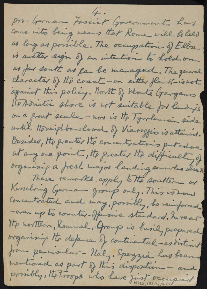 Note by J.J. O'Connell regarding landings on Italian coasts and German Army reserves,