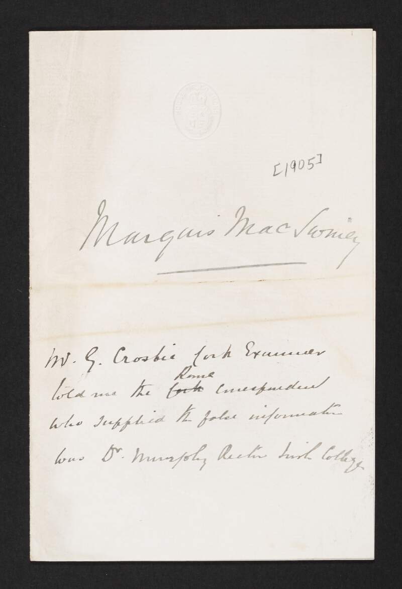 Note by John Redmond referring to Marquis MacSwiney,