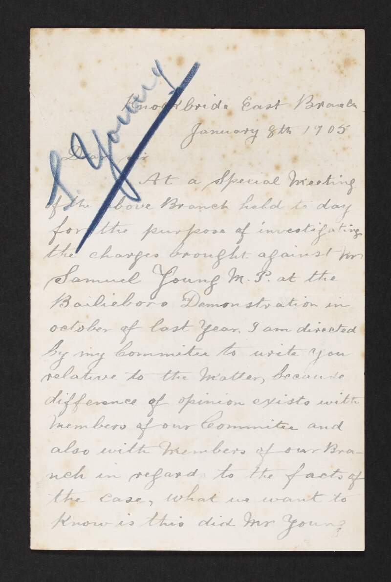 Letter from John McBreen to John Redmond seeking an investigation into Samuel Young's attendance at the Jubilee Garden Party,