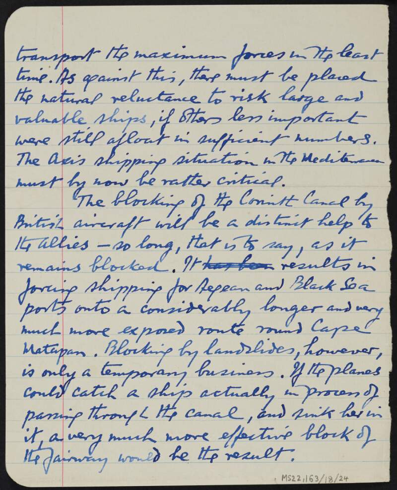 Notes by J.J. O'Connell regarding naval matters around Greece during the Second World War,