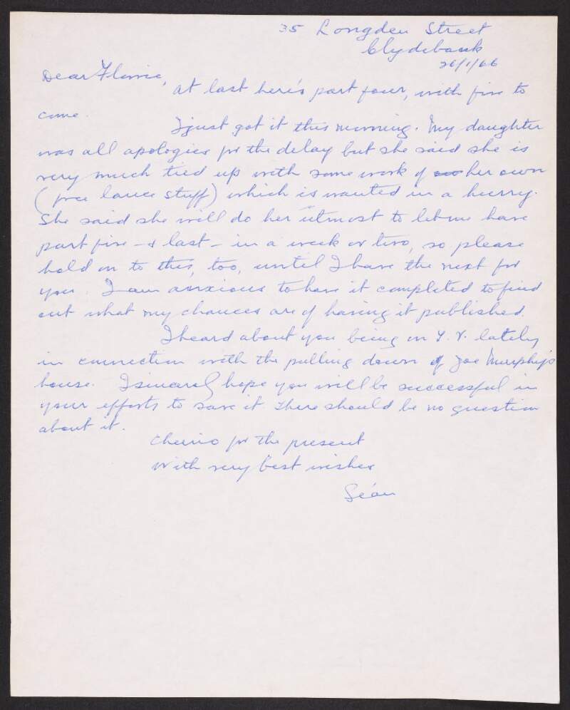Letter from Seán Healy to Florence O'Donoghue requesting feedback on a part of an article Healy is writing on his personal memories of the Fianna Éireann,
