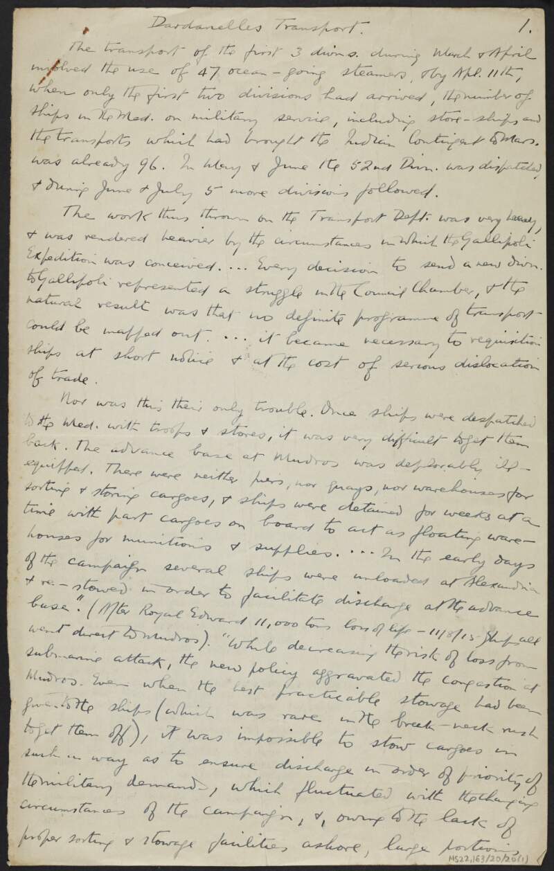 Notes by J.J. O'Connell titled "Dardanelles Transport" regarding the difficulty of transporting cargo to the Gallipoli peninsula,