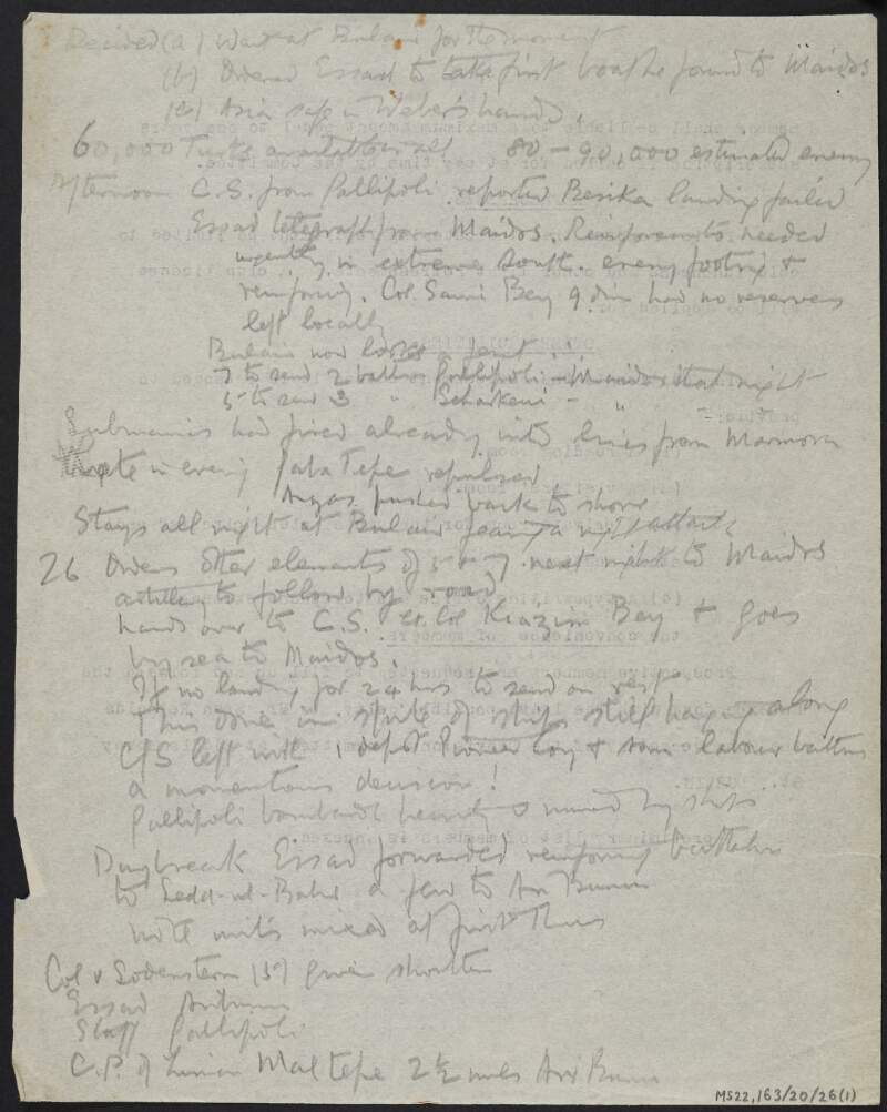 Notes by J.J. O'Connell regarding conflict during the Gallipoli Campaign during the First World War,
