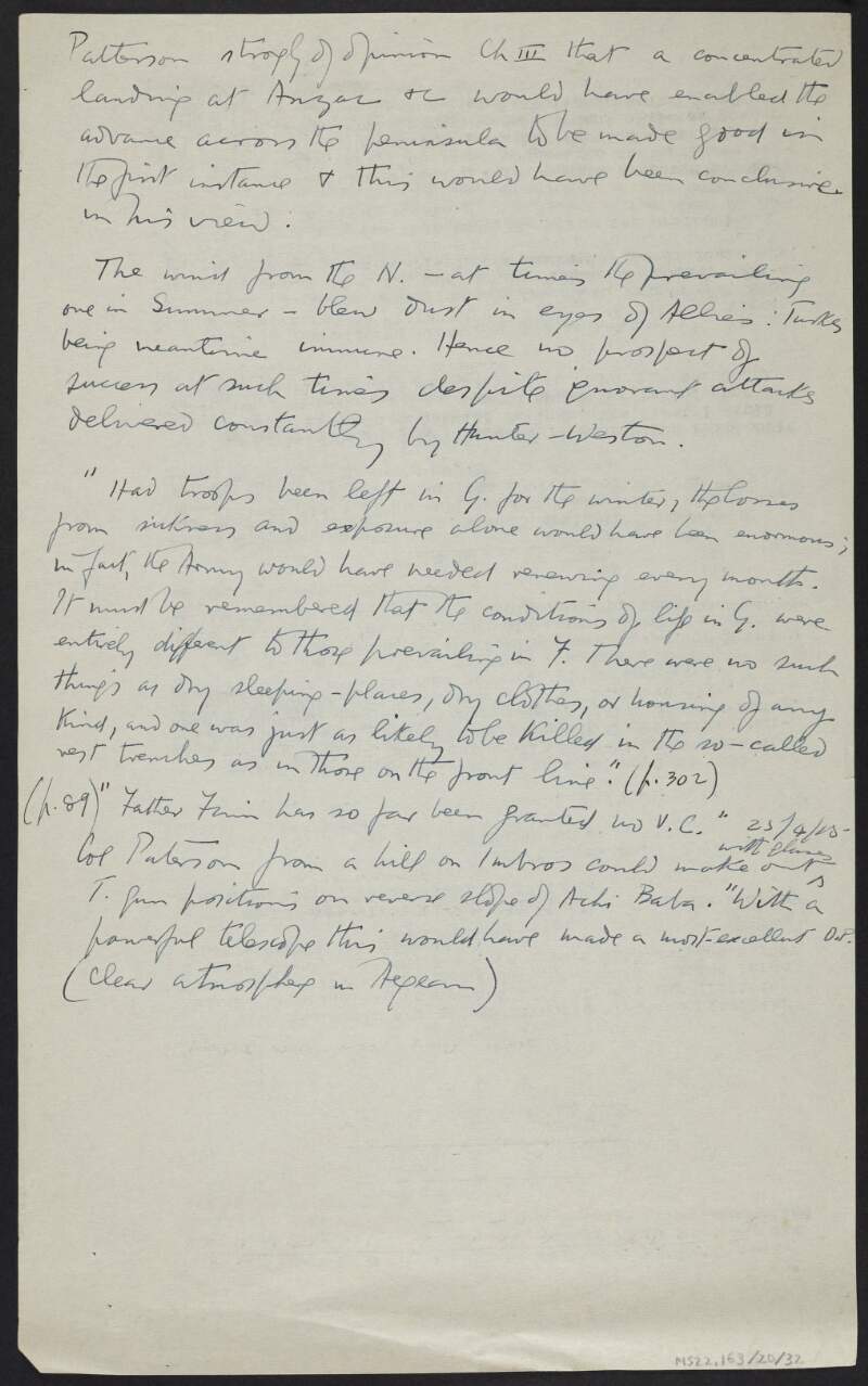 Notes by J.J. O'Connell regarding conditions endured by soldiers during the Gallipoli Campaign during the First World War,