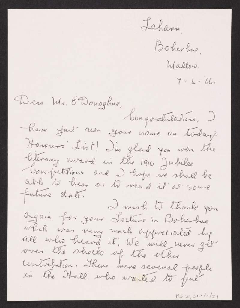Letter from Ellen Casey to Florence O'Donoghue congratulating him on making the "honors' List and for winning a literary award in the 1916 Jubilee competitions,