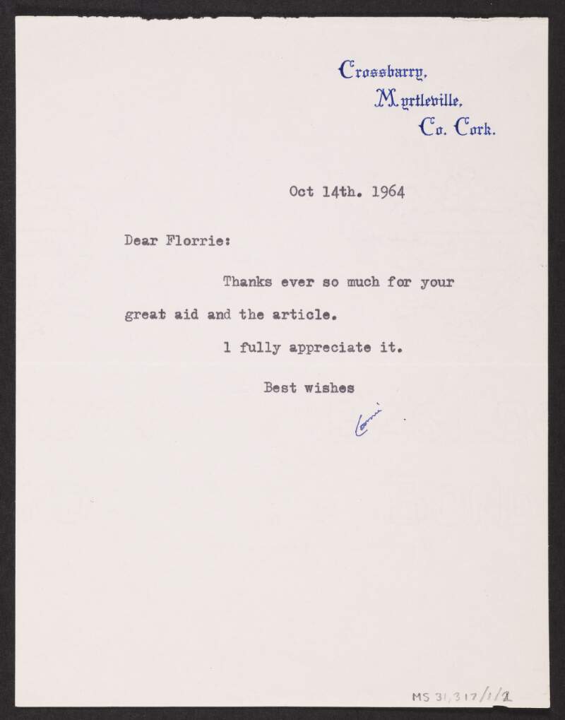 Note from Cornelius F. Neenan to Florence O'Donoghue expressing gratitude for O'Donoghue's assistance with an article,