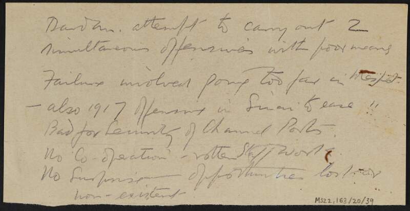 Notes by J.J. O'Connell regarding the Gallipoli Campaign during the First World War,