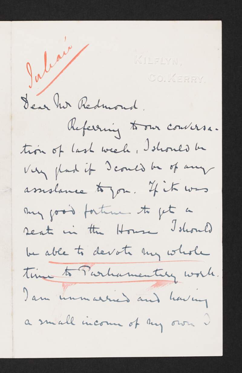 Letter from James Edward John Julian to John Redmond regarding his parliamentary ambitions,