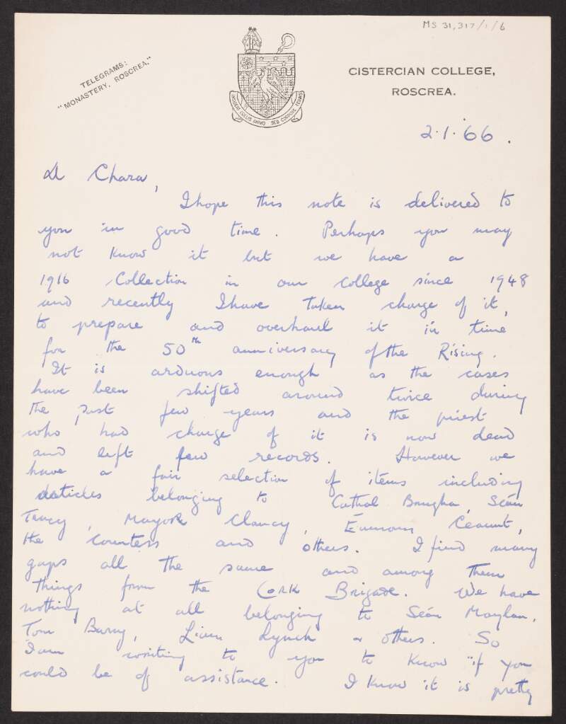Letter from Éanna Henderson, Cistercian College, Roscrea, to Florence O'Donoghue, regarding the college's 1916 collection, and making inquiries about the Easter Rising,