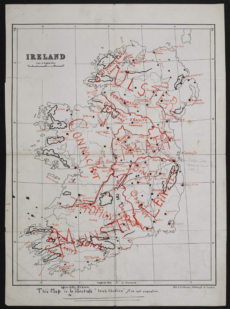 Map of Ireland with note "This Map is specially drawn to illustarte 'Irish Studies', it is not exaustive [sic]"',