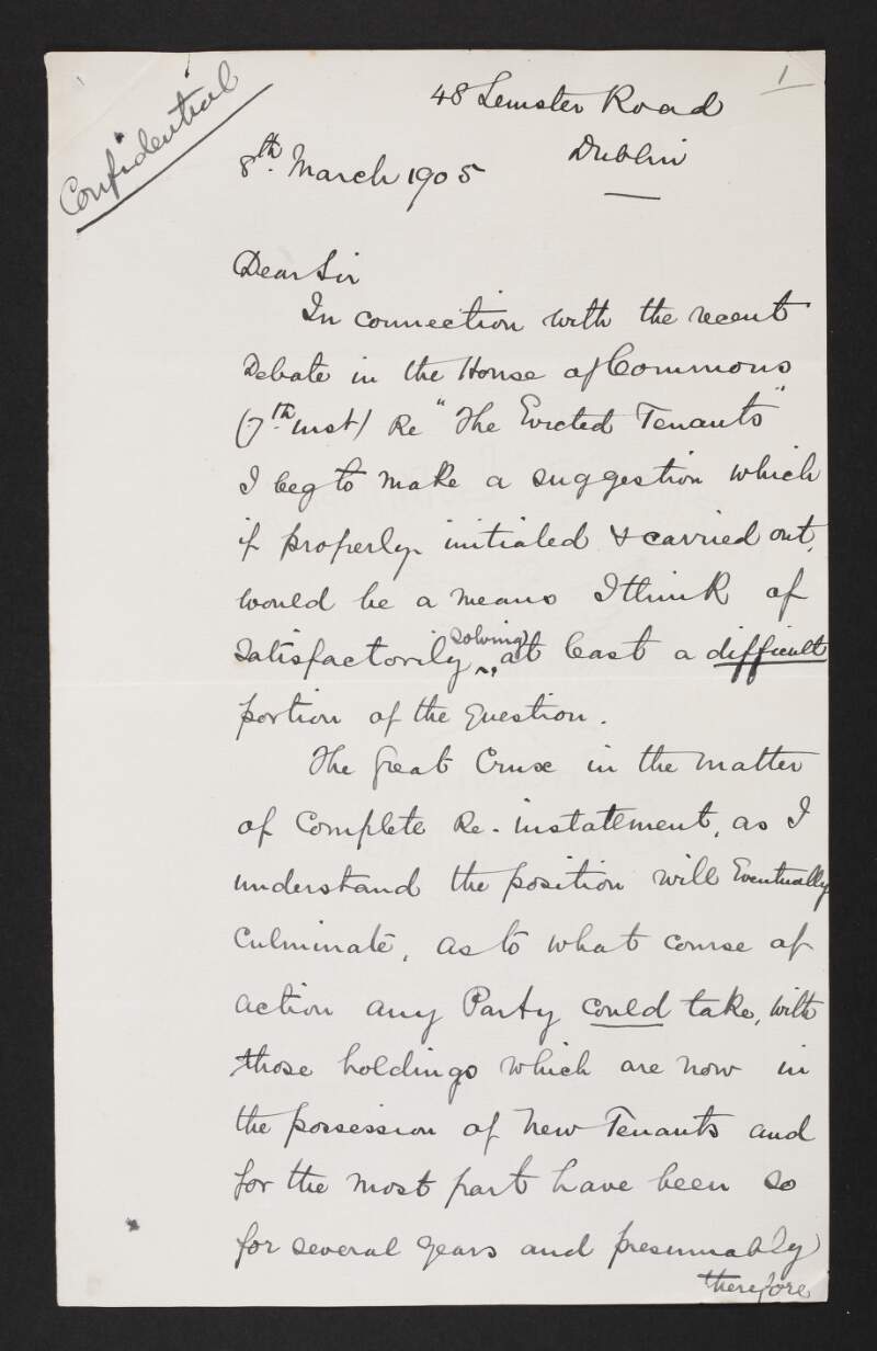 Letter from Henry Lloyd to John Redmond regarding evicted tenants,