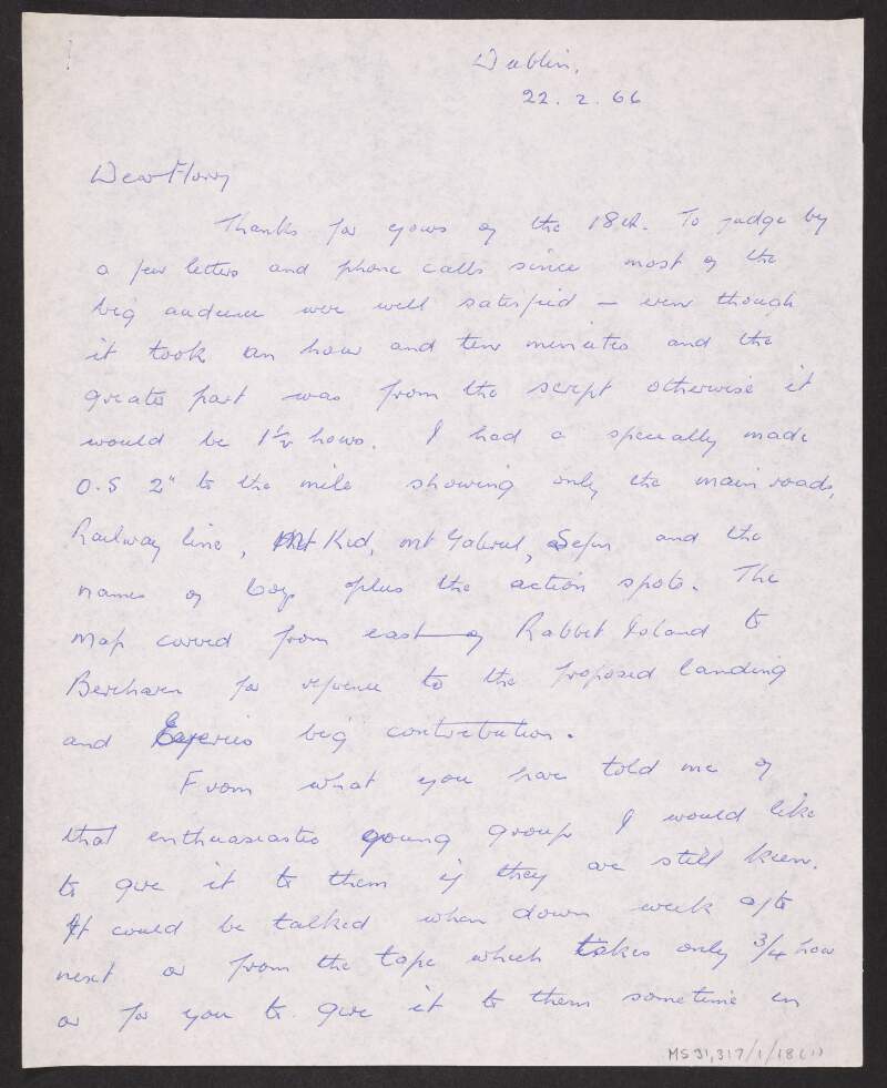 Letter from Liam Deasy to Florence O'Donoghue regarding an Irish Volunteers' convention,