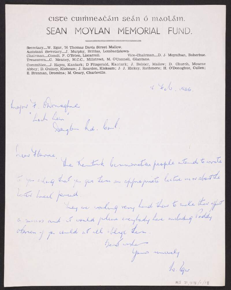 Letter from William Egar, Sean Moylan Memorial Fund, to Florence O'Donoghue encouraging O'Donoghue to give a lecture for the Kanturk Commemoration,
