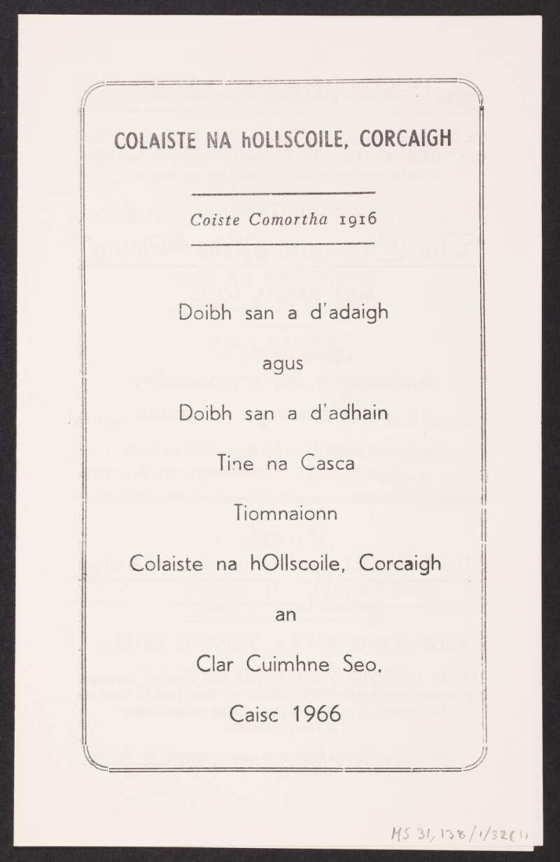Programme from University College Cork, of commemorative events for the fiftieth anniversary of the Easter Rising,
