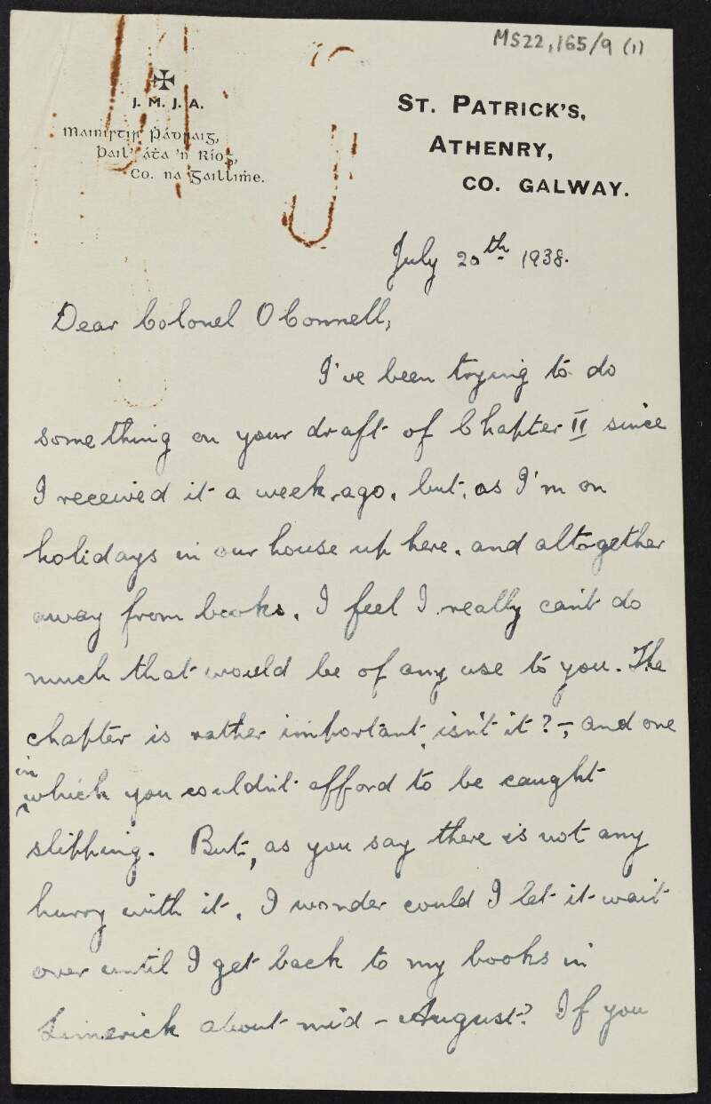 Letter from William Murphy to J.J. O'Connell offering criticism on a chapter from an unpublished manuscript on Gaius Marius written by O'Connell,