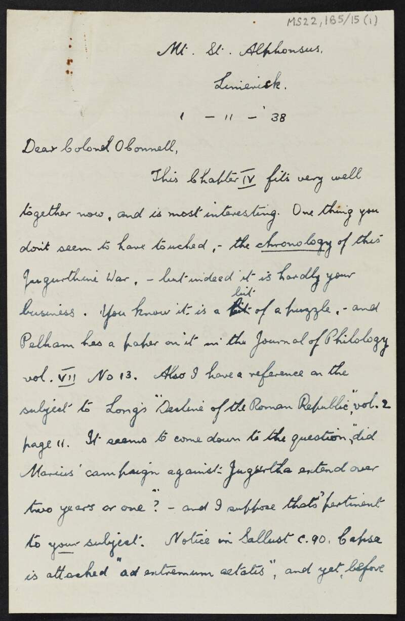 Letter from William Murphy to J.J. O'Connell regarding attached comments by Murphy on an unpublished manuscript on Gaius Marius written by O'Connell,