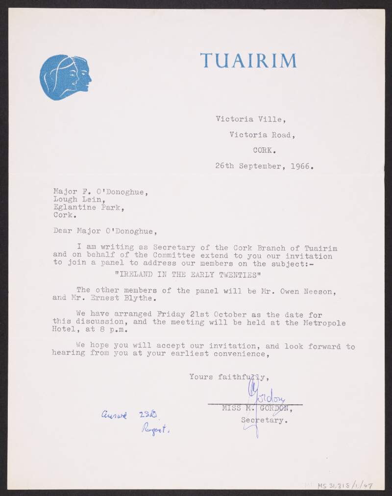 Letter from Tuairim to Florence O'Donoghue inviting O'Donoghue to be part of a panel to discuss Ireland in the early twenties,