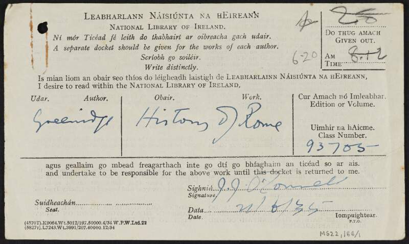 Reader's ticket from the National Library of Ireland for 'History of Rome' by Abel Hendy Jones Greenidge,