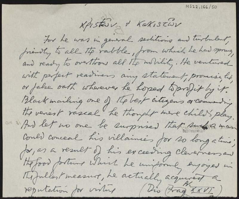 Notes by J.J. O'Connell concerning the personality of an unidentified person,