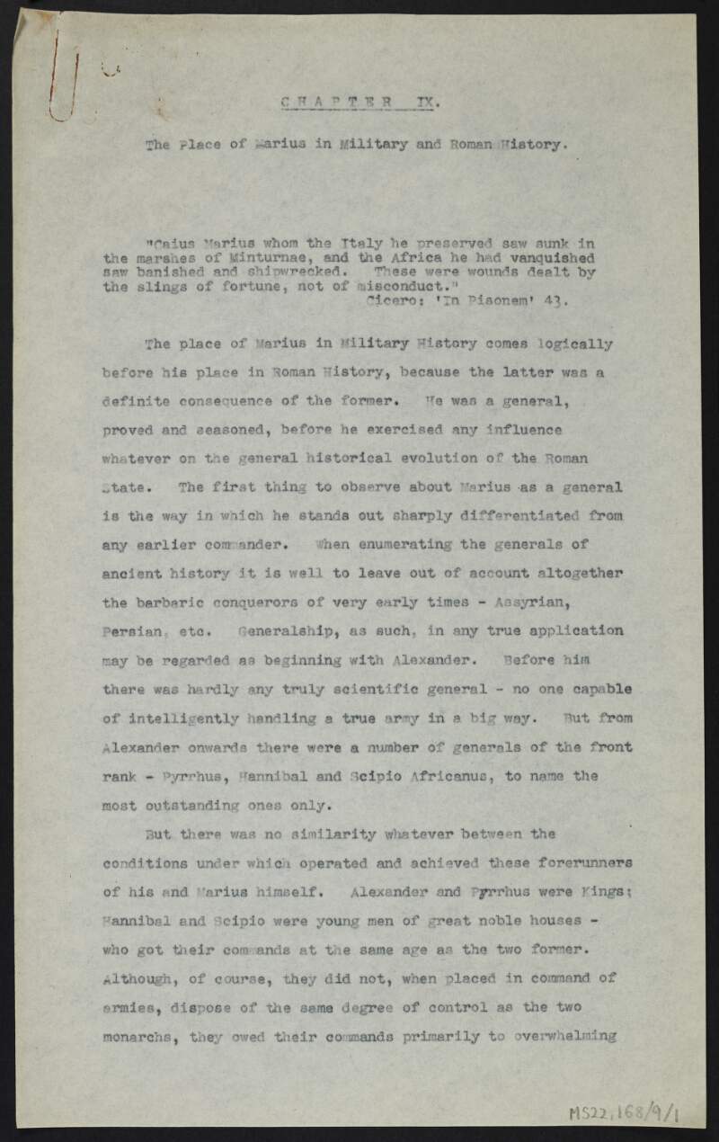 Draft of chapter nine titled "The Place of Marius in Military and Roman History" for biography of Gaius Marius by J.J. O'Connell,