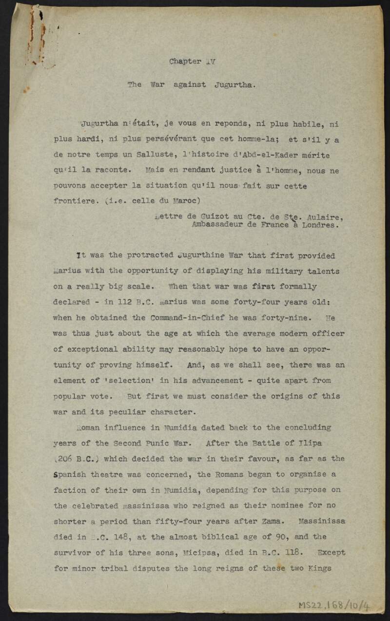 Draft by J.J. O'Connell of chapter four of biography on Gaius Marius titled "The War against Jugurtha",