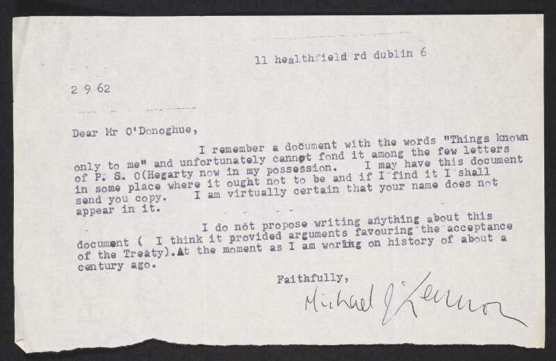 Letter from Michael J. Lennon to Florence O'Donoghue regarding a mislaid document in Lennon's possession by P.S. O'Hegarty,